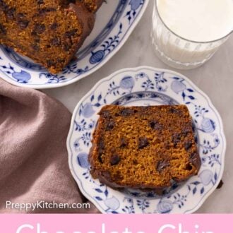 Pinterest graphic of the overhead view of a plate of sliced pumpkin bread beside a platter of more slices and a glass of milk.