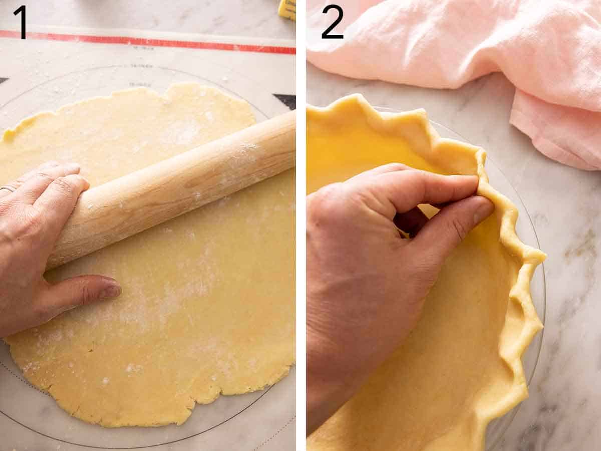 Set of two photos showing dough being rolled out then crimp in the dish.