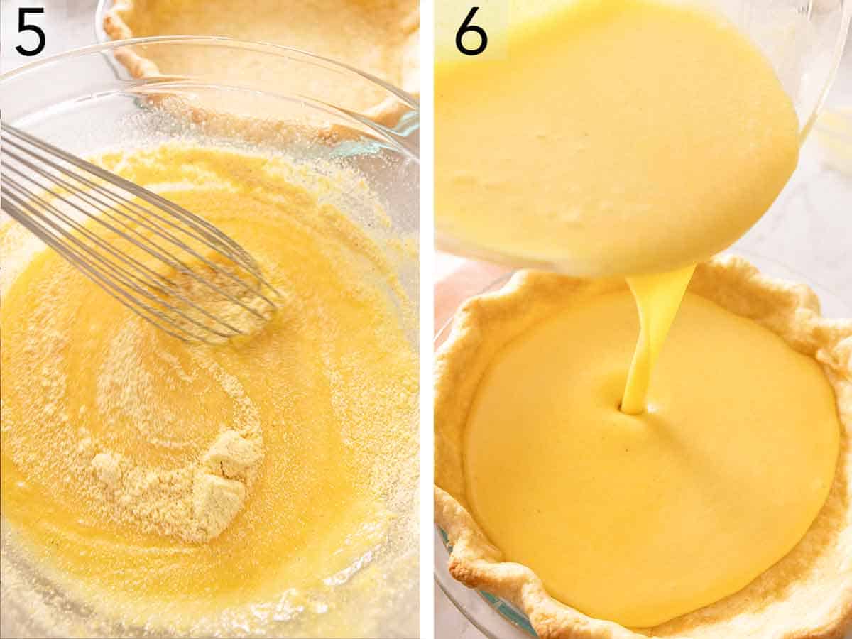 Set of two photos showing filling ingredients whisked together then poured into the baked crust.