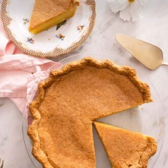 Pinterest graphic of a chess pie with slices cut, one slice in a plate beside it.