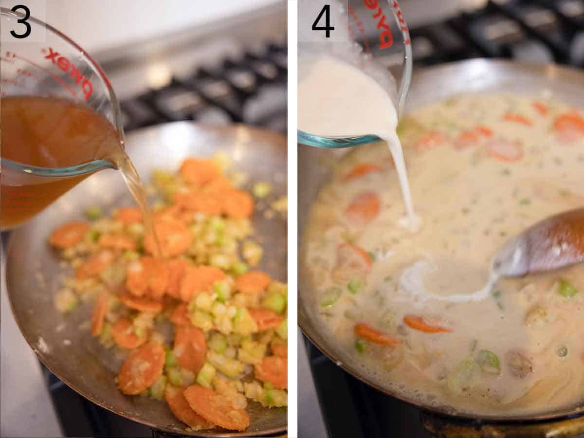 Set of two photos showing chicken broth added to the skillet then cream.
