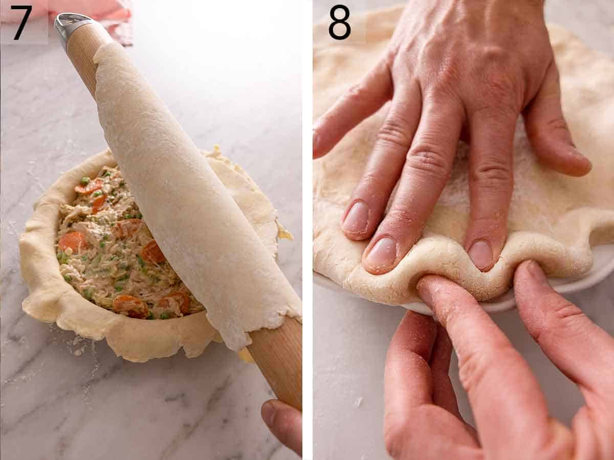 Set of two photos showing a pie crust placed on top of the pie and then the ends crimped.
