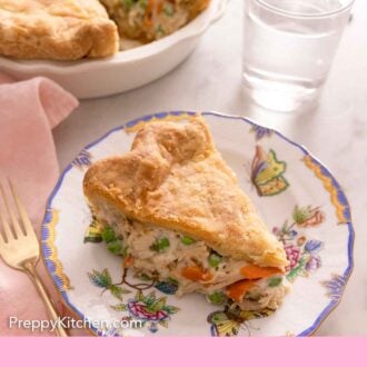 Pinterest graphic of a plate with a slice of chicken pot pie in front of the rest of the pie in the dish.