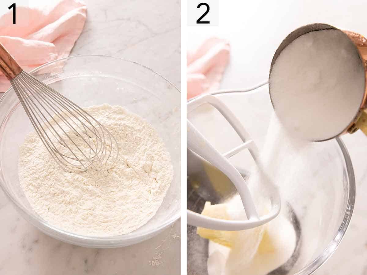 Set of two photos showing dry ingredients being whisked together and then sugar added to a bowl with butter.