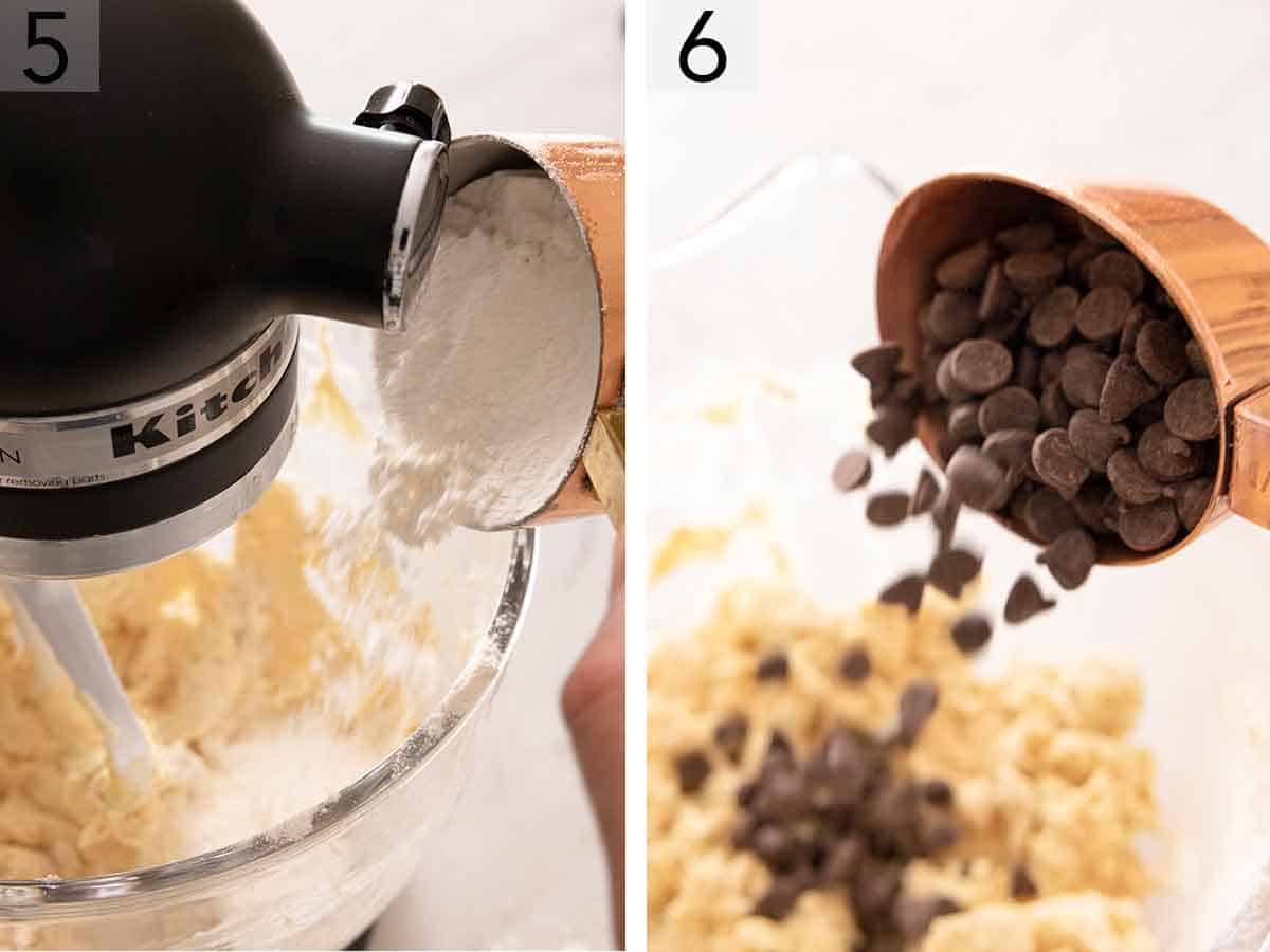 Set of two photos showing flour added to the mixer and then chocolate chips added.
