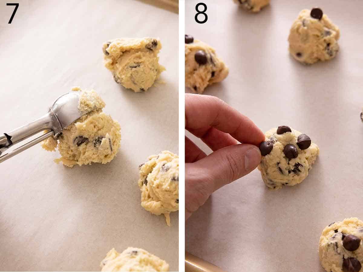 Set of two photos showing cookie dough balls added to a lined sheet pan and then chocolate chips pressed on top.