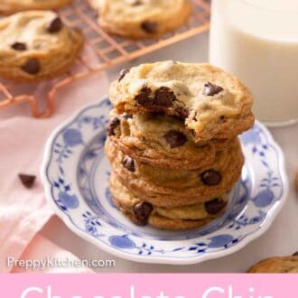 Pinterest graphic of a plate with a stack of four cookies in front of a glass of milk with additional cookies on a cooling rack.