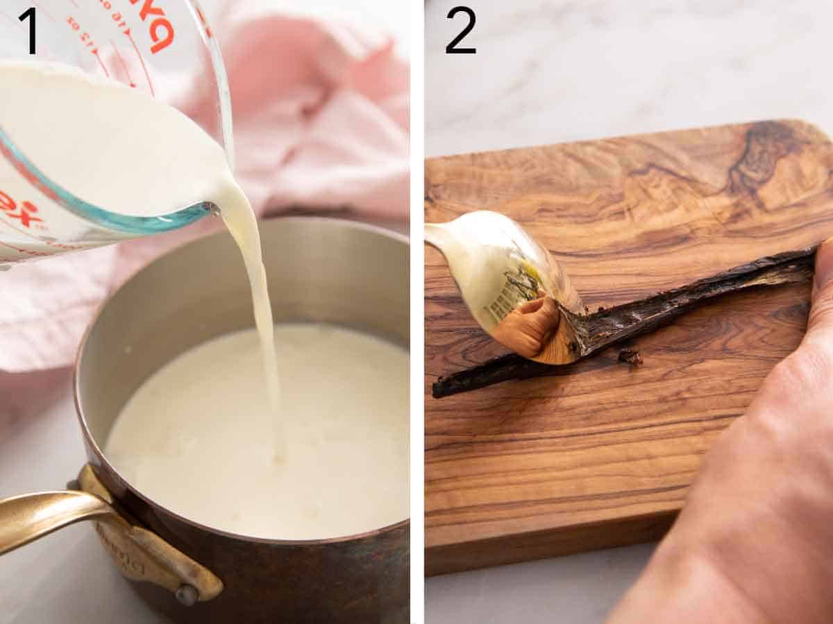 Set of two photos showing heavy cream added to a saucepan and vanilla bean scraped with a spoon.