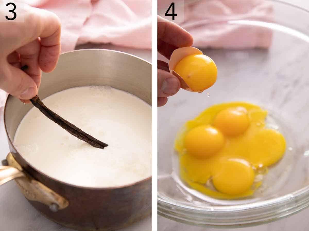 Set of two photos showing vanilla bean added to the saucepan of milk and egg yolks being separated into a bowl.