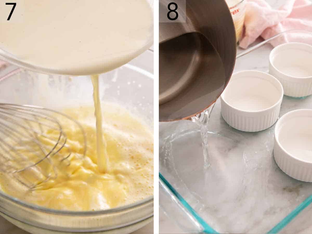 Set of two photos showing heavy cream whisked with the egg yolks and then a water bath being assembled for the ramekins.
