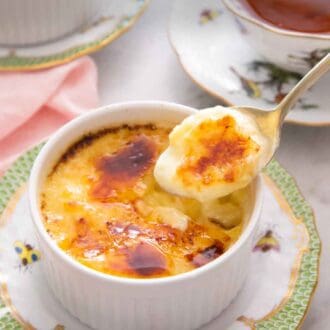 Pinterest graphic of a spoon lifting a spoonful of crème brûlée from a ramekin.