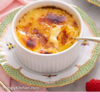 Pinterest graphic of a ramekin of crème brûlée on a plate with a spoon lifting some out.