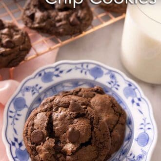 Pinterest graphic of a plate of two cookies by a glass of milk and a cooling rack with more cookies in the background.