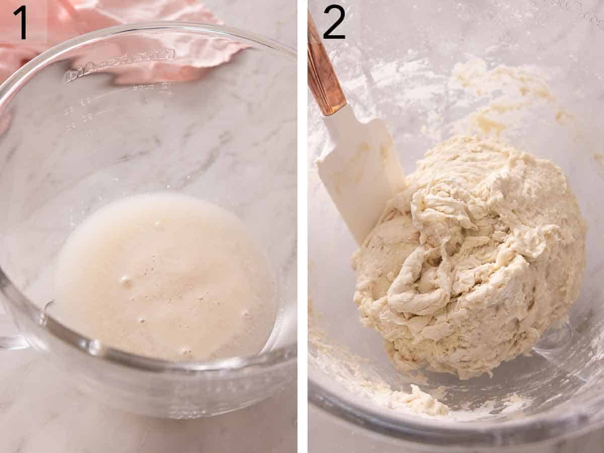 Set of two photos showing water, yeast, and honey combined and then a dough being mixed with a spatula.