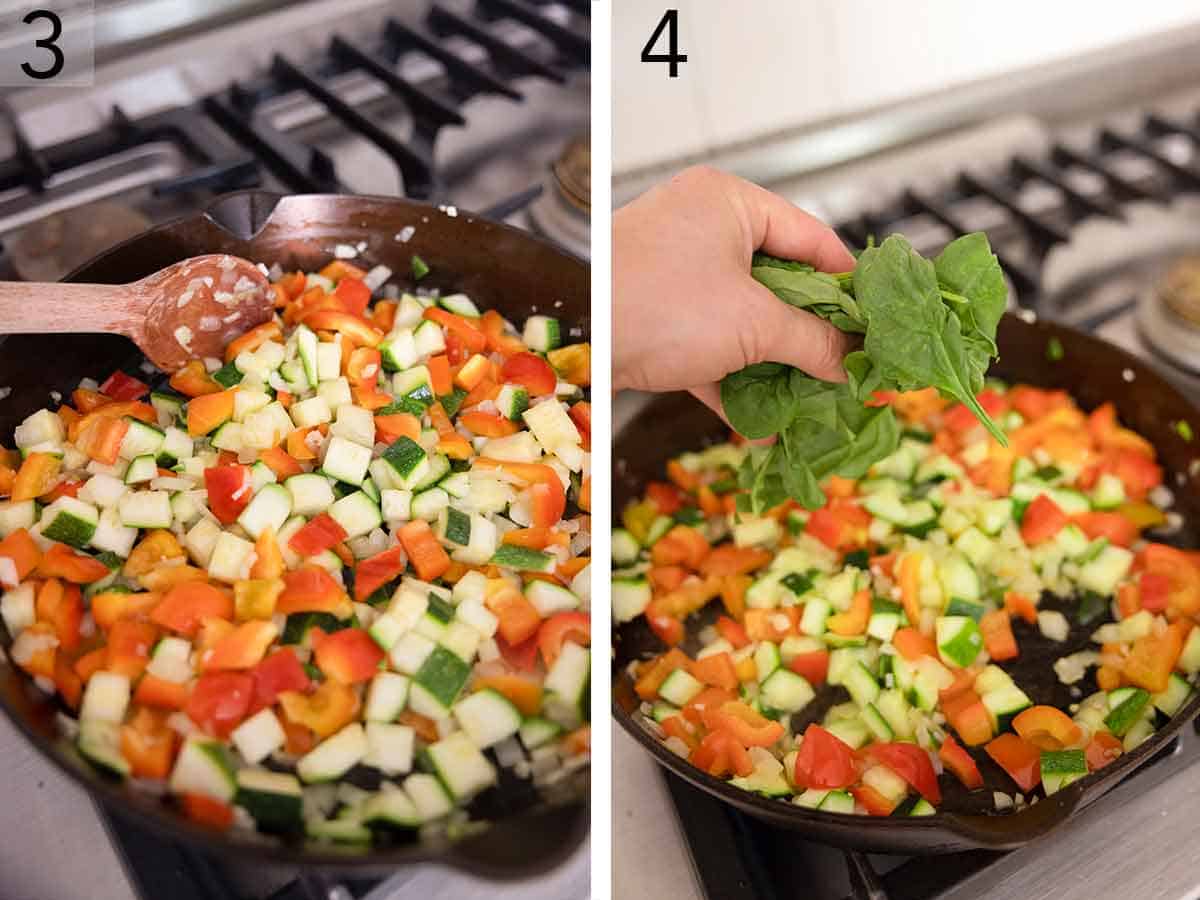 Set of two showing diced vegetables being sautéed in a pan and then spinach added to the pan.
