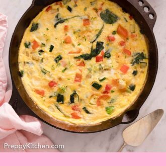 Pinterest graphic of an overhead view of a frittata in a cast iron skillet.