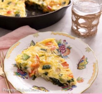 Pinterest graphic of a plate with a slice of frittata with more in the background in the pan.