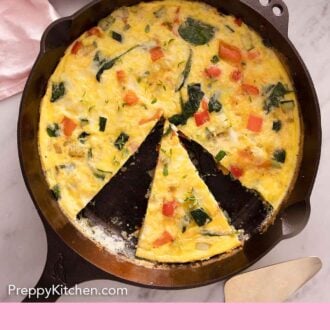 Pinterest graphic of a frittata in a cast iron pan with a portion cut out.