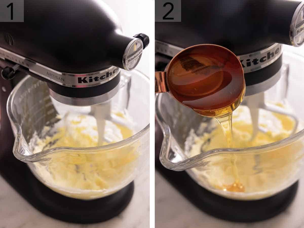 Set of two photos showing butter beaten in a mixer and honey added to the mixing bowl.