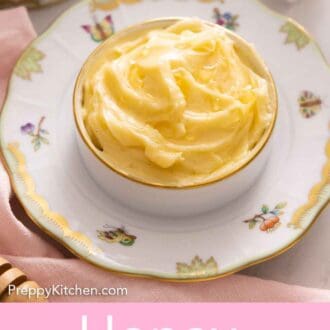Pinterest graphic of a bowl of honey butter on a floral plate.
