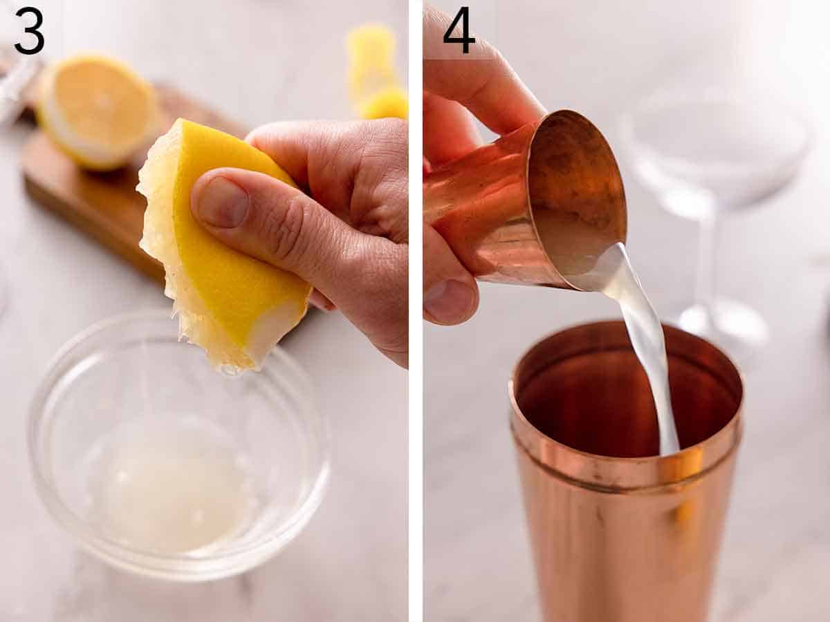 Set of two photos showing the lemon being squeezed and the liquids added to the shaker.