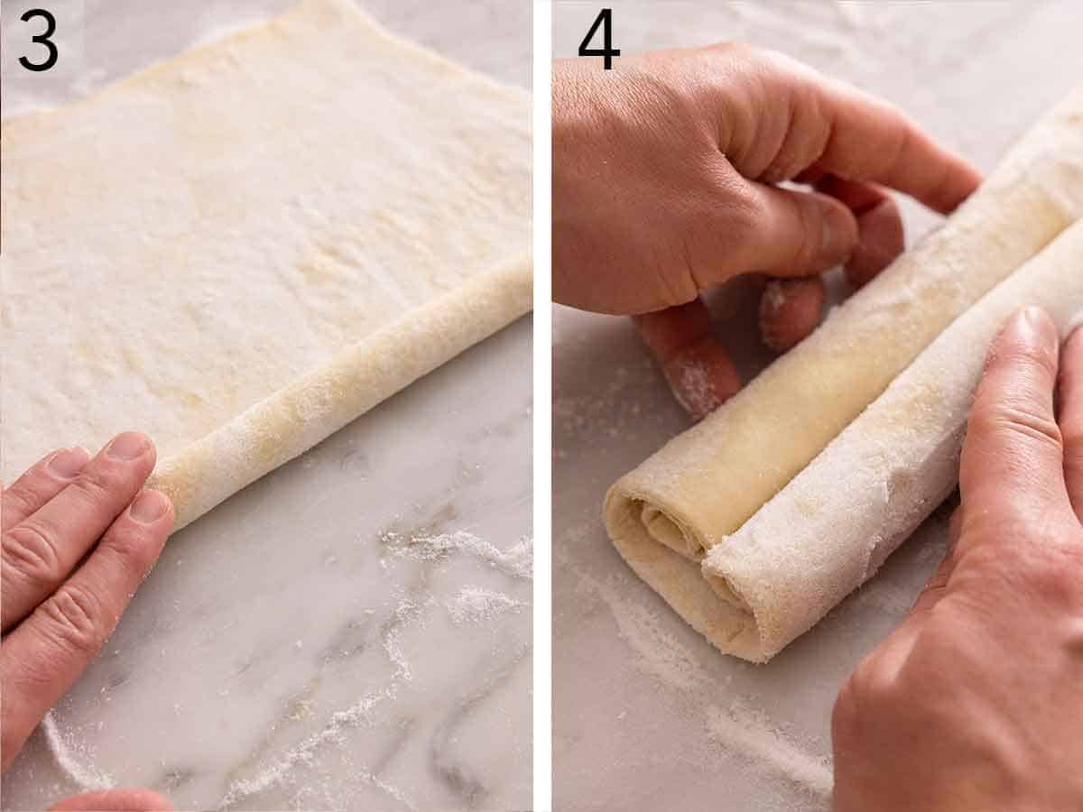 Set of two photos showing half of the pastry dough rolled to the middle and the other side rolled to meet in the middle to make the palmier shape.