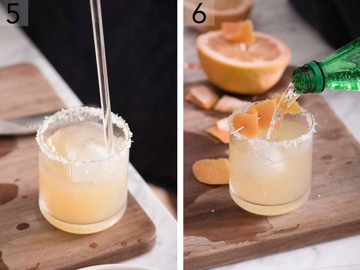 Set of two photos showing the cocktail stirred and club soda poured in.