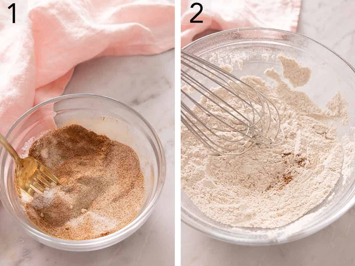 Set of two photos showing the cinnamon sugar being mixed together and then dry ingredients whisked in a bowl.