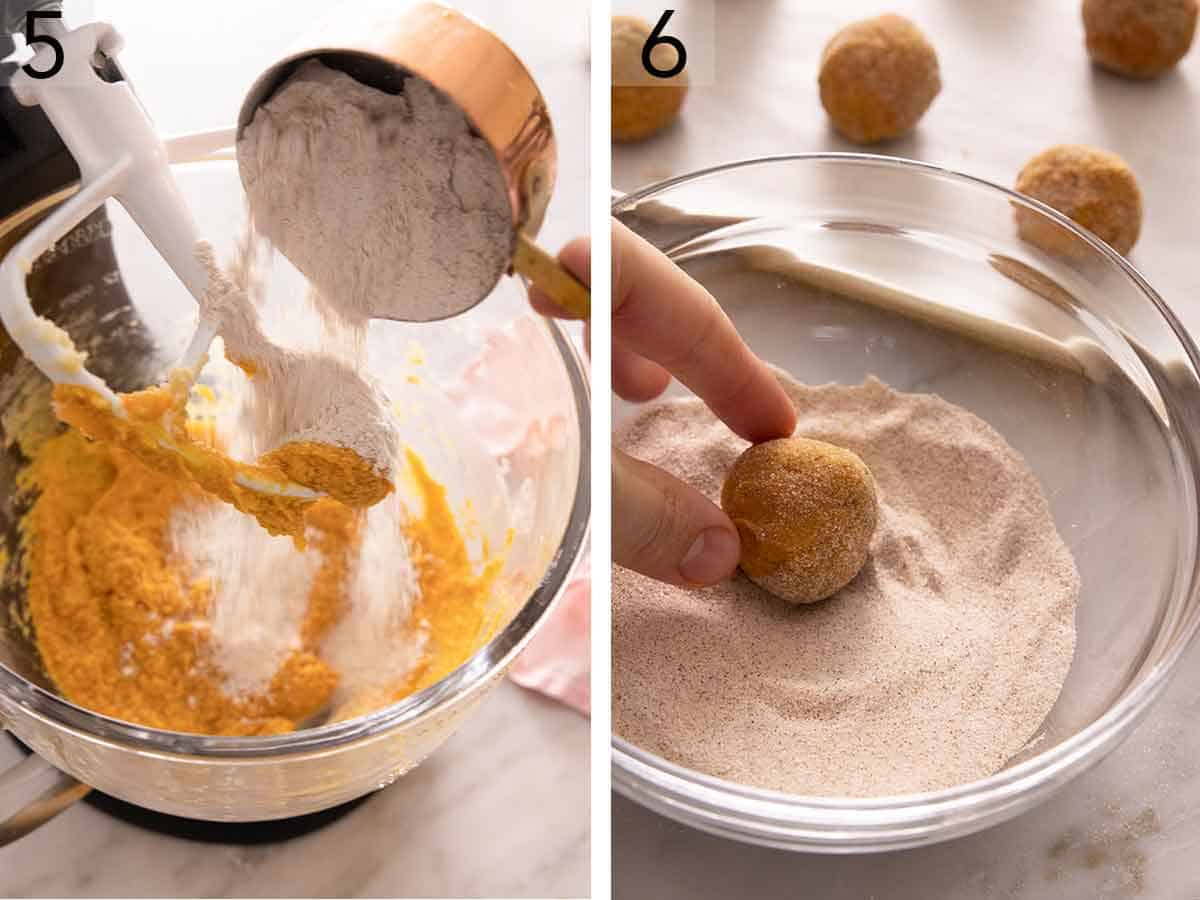 Set of two photos showing dry ingredients poured into a mixer and then dough balls pressed in cinnamon sugar.