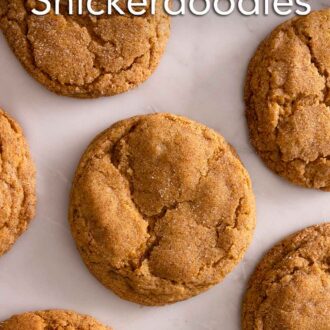 Pinterest graphic of pumpkin snickerdoodles on top of a marble surface in a single layer.