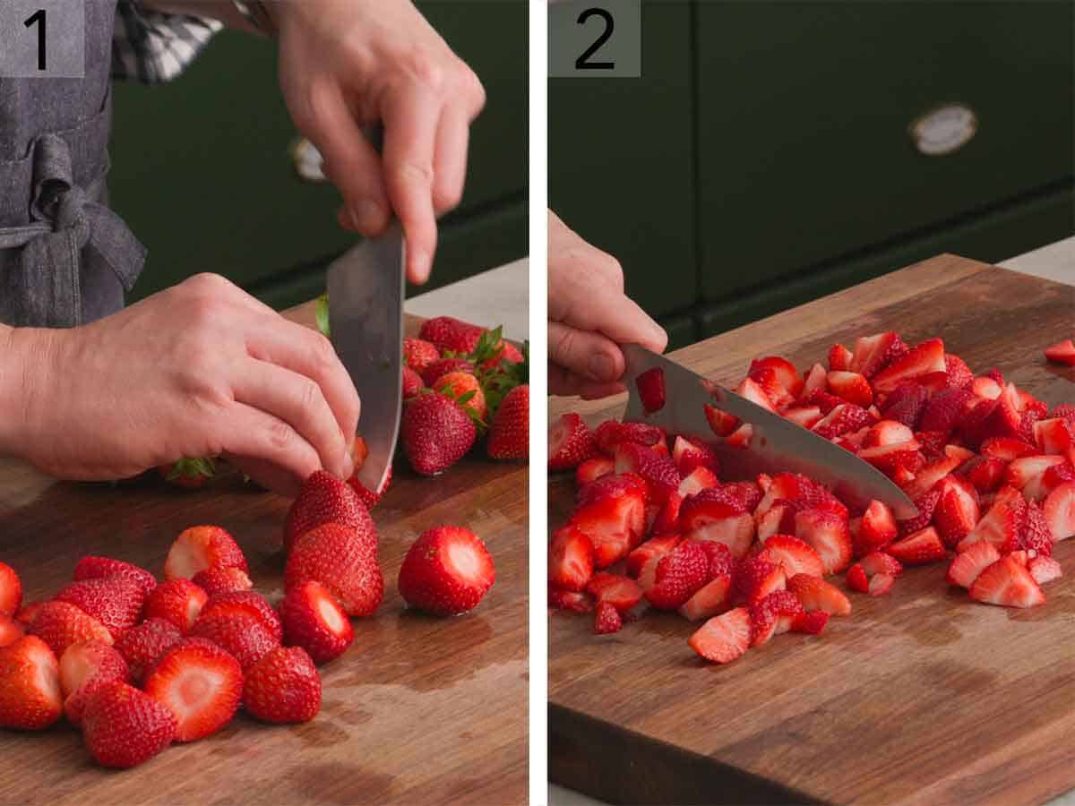 Set of two photos showing the stems of the strawberries removed and then diced.