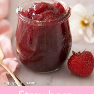 Pinterest graphic of a tulip jar of strawberry jam with a strawberry beside it.