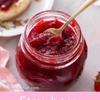 Pinterest graphic of a jar of strawberry jam with a spoon inside.