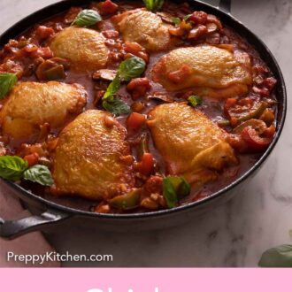 Pinterest graphic of a pan of chicken cacciatore beside a stack of plates.