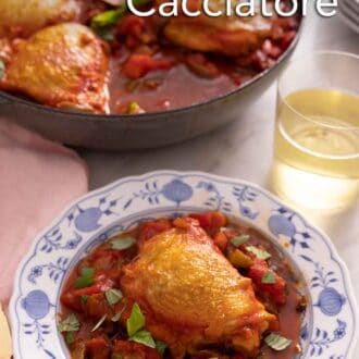 Pinterest graphic of a plate with a serving of chicken cacciatore in front of a pan of more chicken.