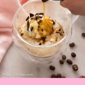 Pinterest graphic of espresso being poured over ice cream to make affogato.