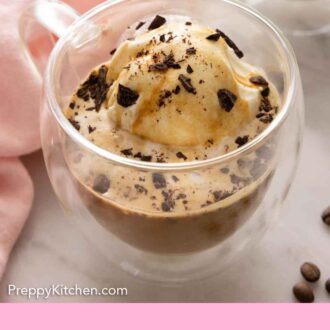 Pinterest graphic of a glass of affogato with shaved chocolate on top.