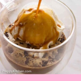Pintrest graphic of a glass of ice cream with espresso poured over top.