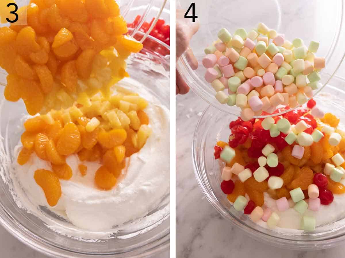 Set of two photos show the fruit and mini marshmallows added to the whipped topping.