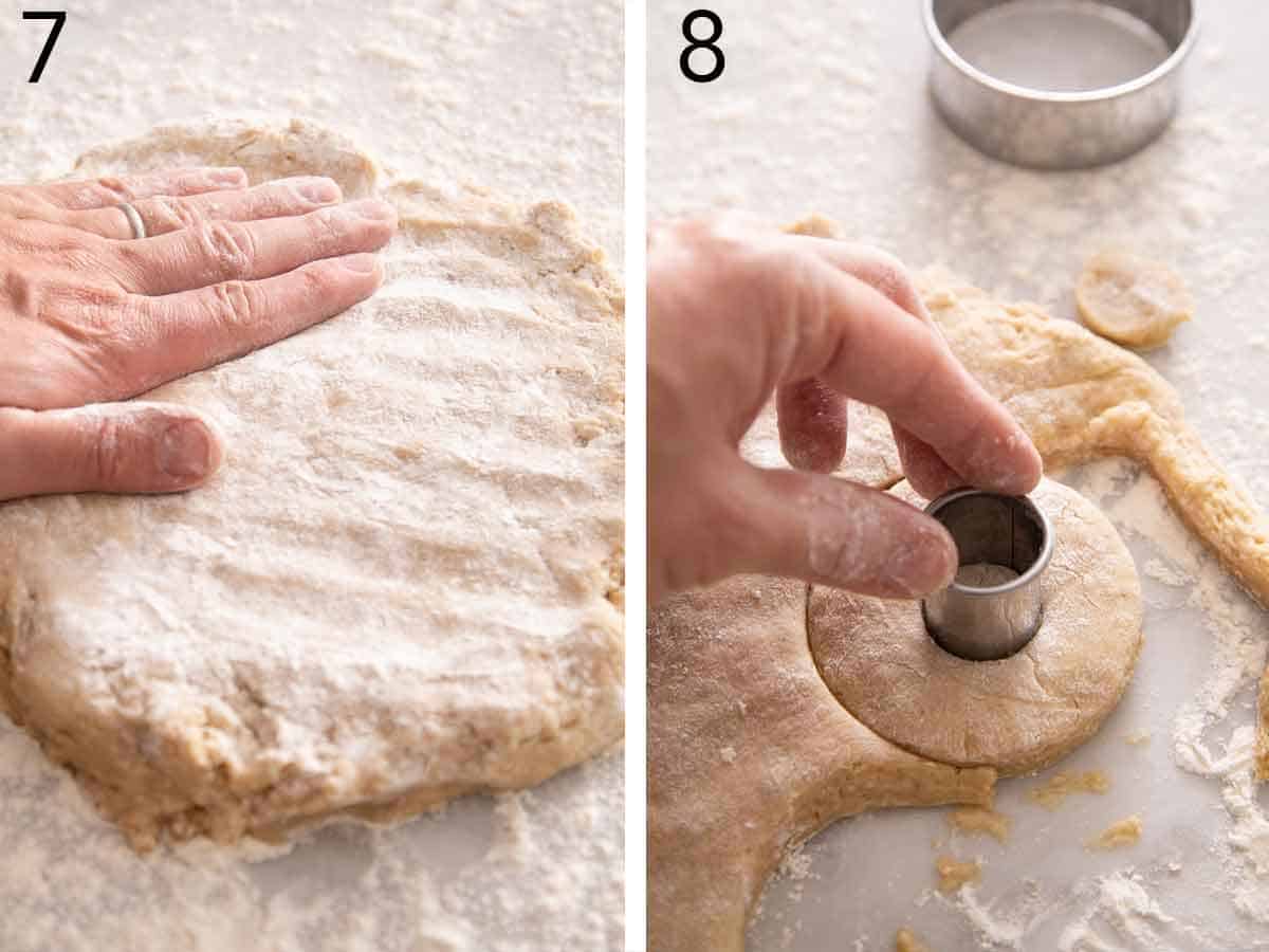 Set of two photos showing dough being formed and donut shape being cut out of the dough.