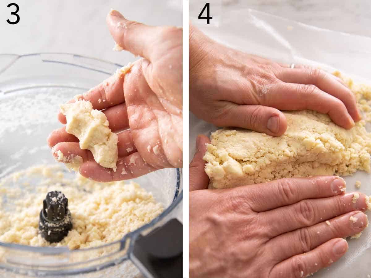 Set of two photos showing the pie crust clumping together and then shaped into a disk and tightly wrap in plastic wrap.