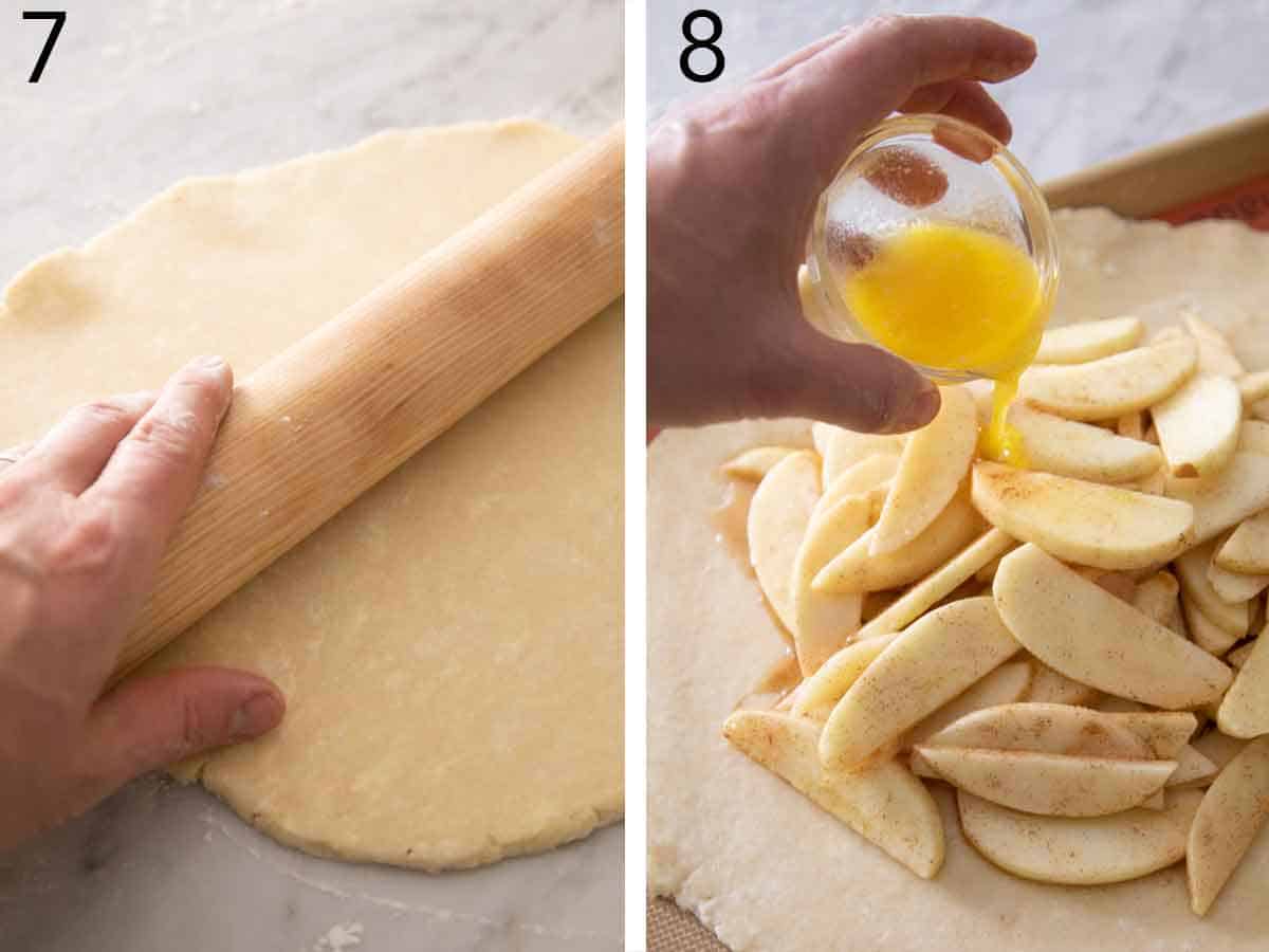 Set of two photos showing dough being rolled out then the apples added with melted butter.