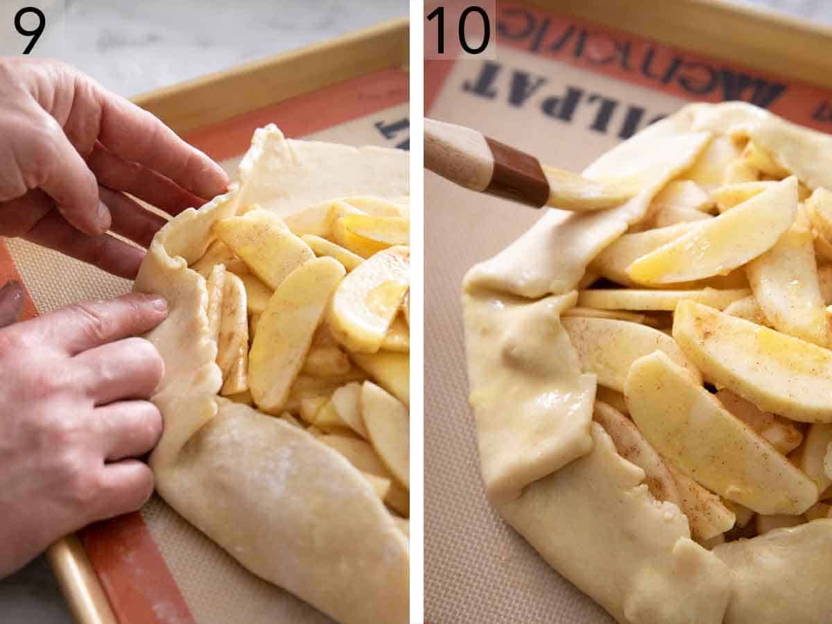 Set of two photos showing how to fold the side of the dough into the middle and the brushed with egg wash.