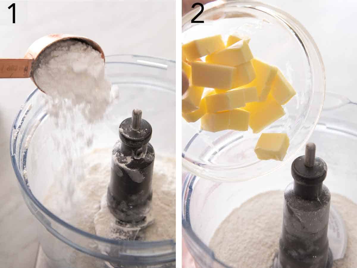 Set of two photos of flour added to a food processor, then cubed butter.