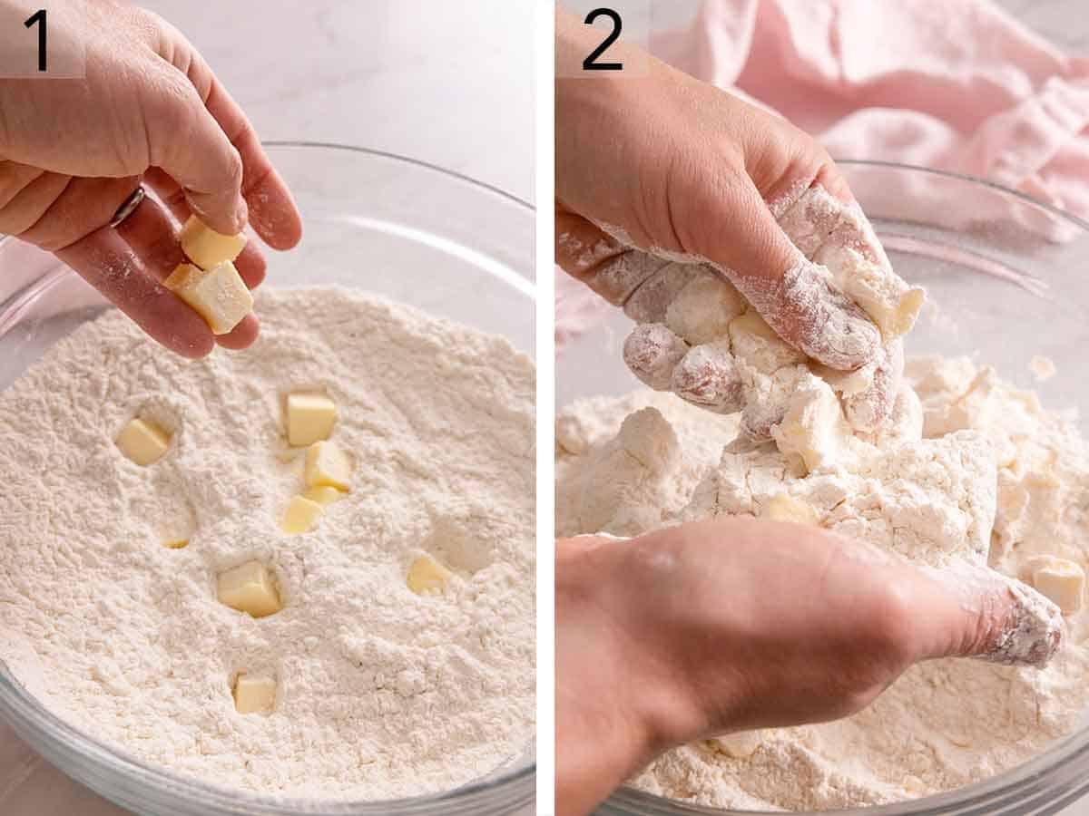 Set of two photos showing cold butter added to a flour mixture then worked into the flour.
