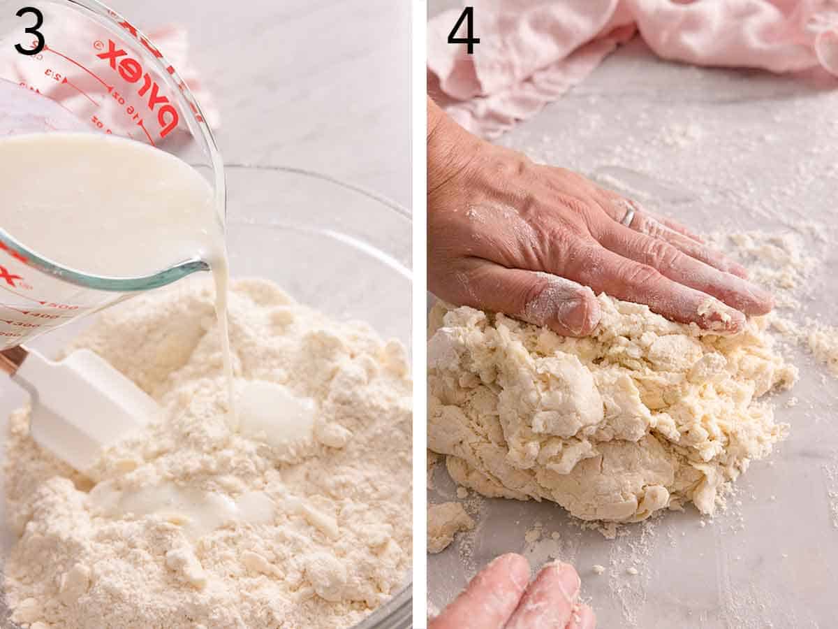 Set of two photos showing buttermilk added to the flour mixture and then kneaded together.