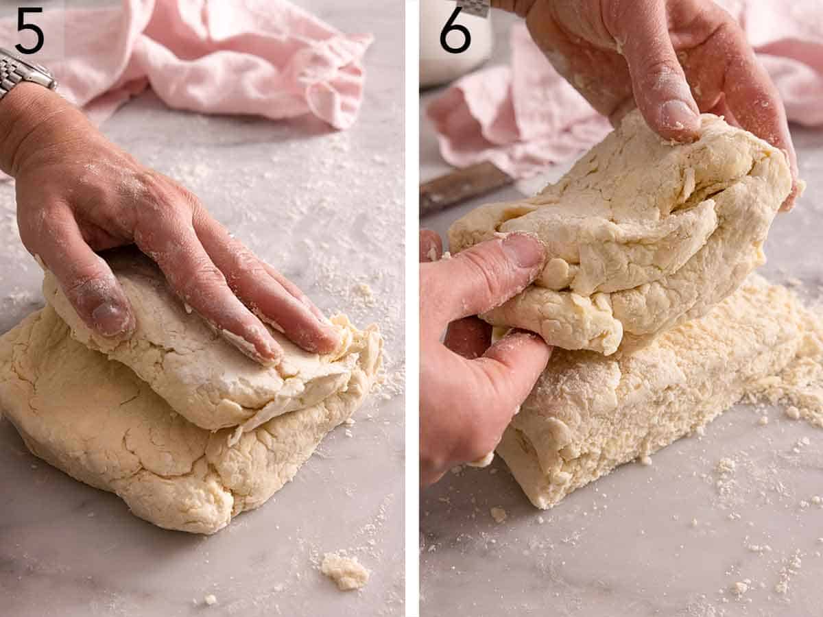 Set of two photos showing the dough being folded then cut in half crosswise and stack the two halves on top of each other.