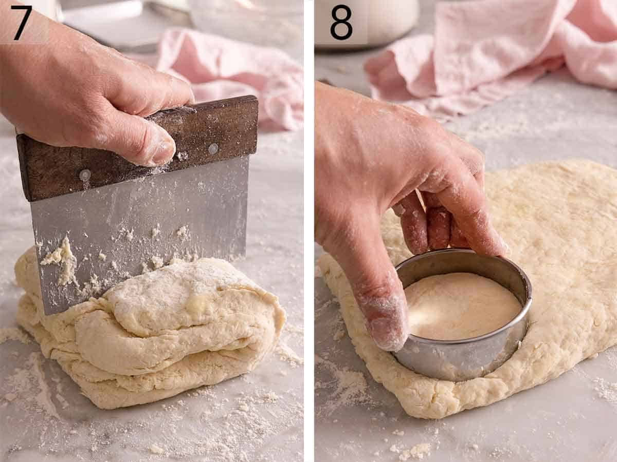 Set of two photos showing the dough of the biscuit recipe cut with a bench scraper then cut with a round floured cookie cutter.