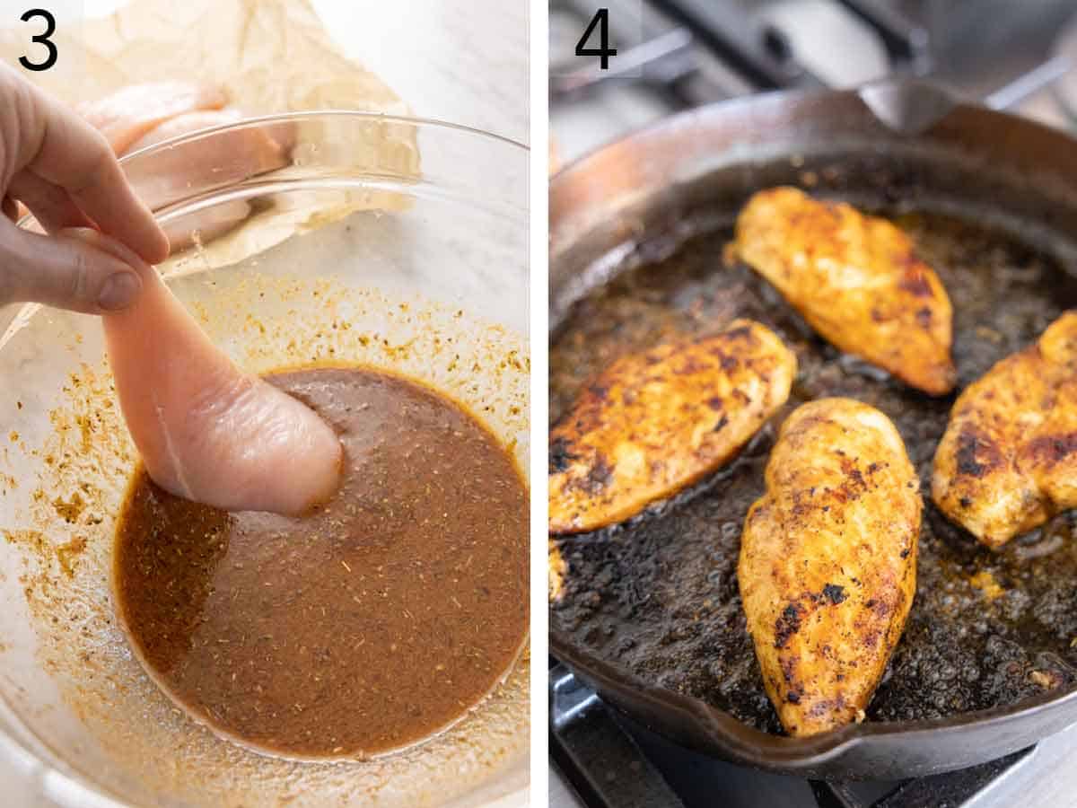 Set of two photos showing chicken added to the seasoning then seared in a cast iron skillet.