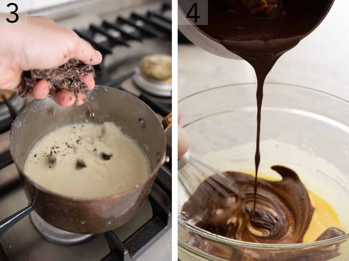 Set of two photos showing chocolate added to the saucepan of heavy cream then the mixture whisked into the eggs.